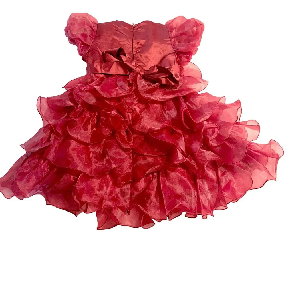 Girls Size 4T Red Sequin Puffed Sleeves Tiered Ruffle Party Dress